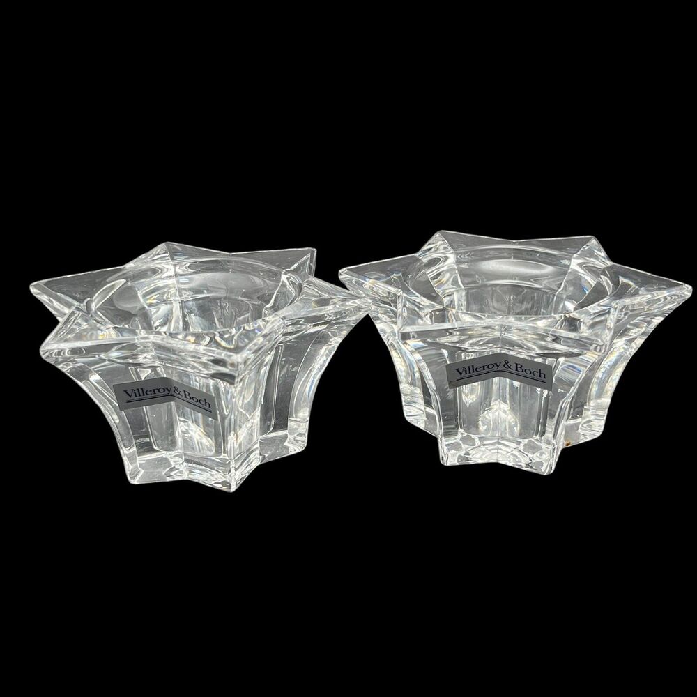 2 Vtg Villeroy & Boch Germany Lg Glass Star Votive Candle Holders Lucca 4.75"